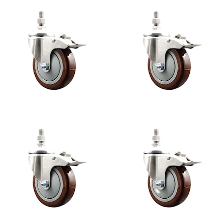 Service Caster 4 Inch 316SS Maroon Polyurethane Swivel 12mm Stem Caster Set Lock Brake SCC SS316TSTTL20S414-PPUB-MRN-M1215-4